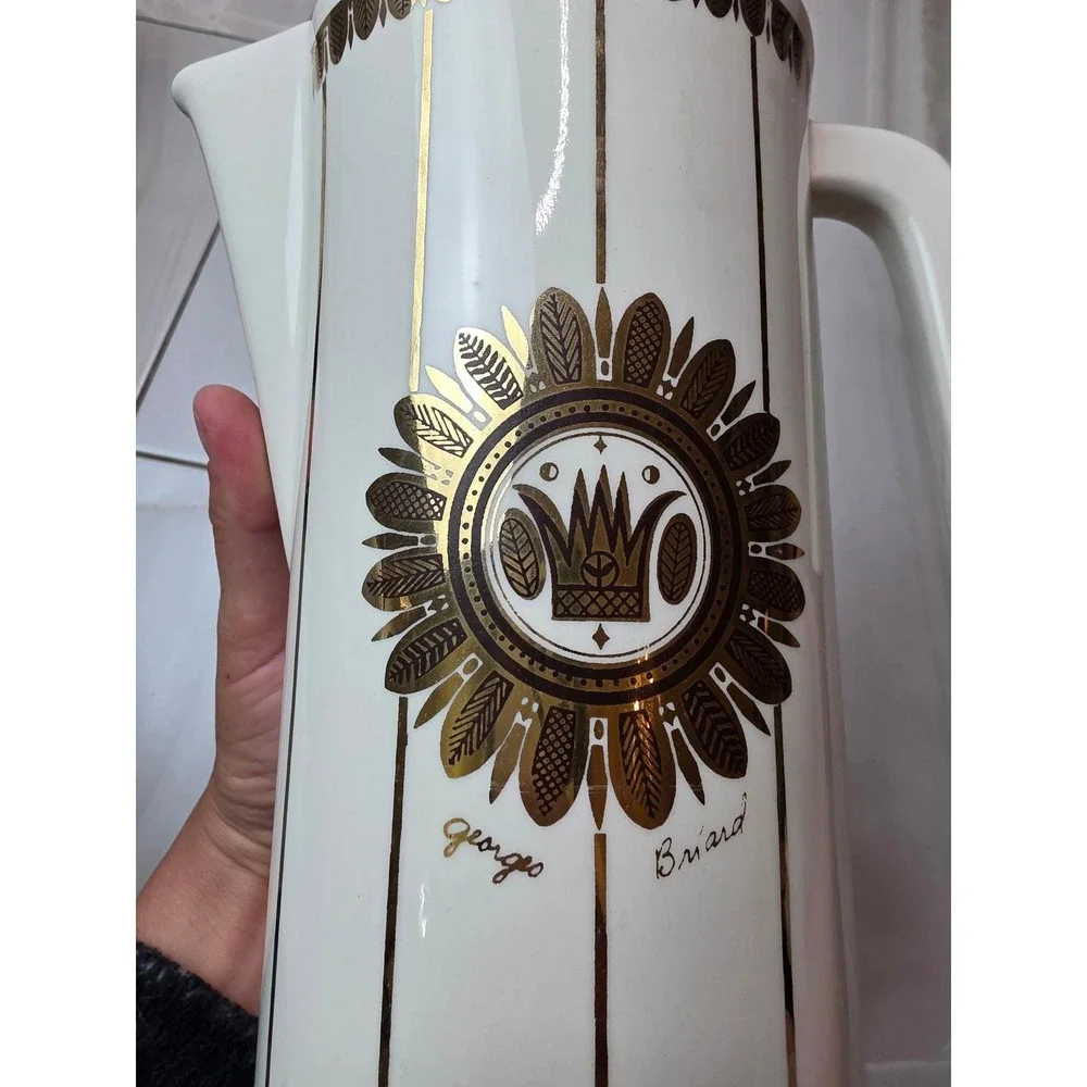 Georges Briard Vintage Mid Century Modern Gold Crown Ceramic Pitcher 9.25